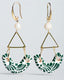 Gold hook geometric earrings with freshwater pearl, triangle frame, and green-and-white Talavera ceramic crescent drops.