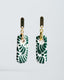 Gold bar-stud earrings with green-and-white Talavera rectangle ceramic tile drops.
