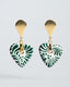 Gold teardrop stud earrings with green-and-white Talavera ceramic heart drops.