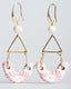 Gold hook geometric earrings with freshwater pearl, triangle frame, and blush pink Talavera ceramic crescent drops.