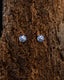 Blue and white Talavera ceramic stud earrings on a cork background.